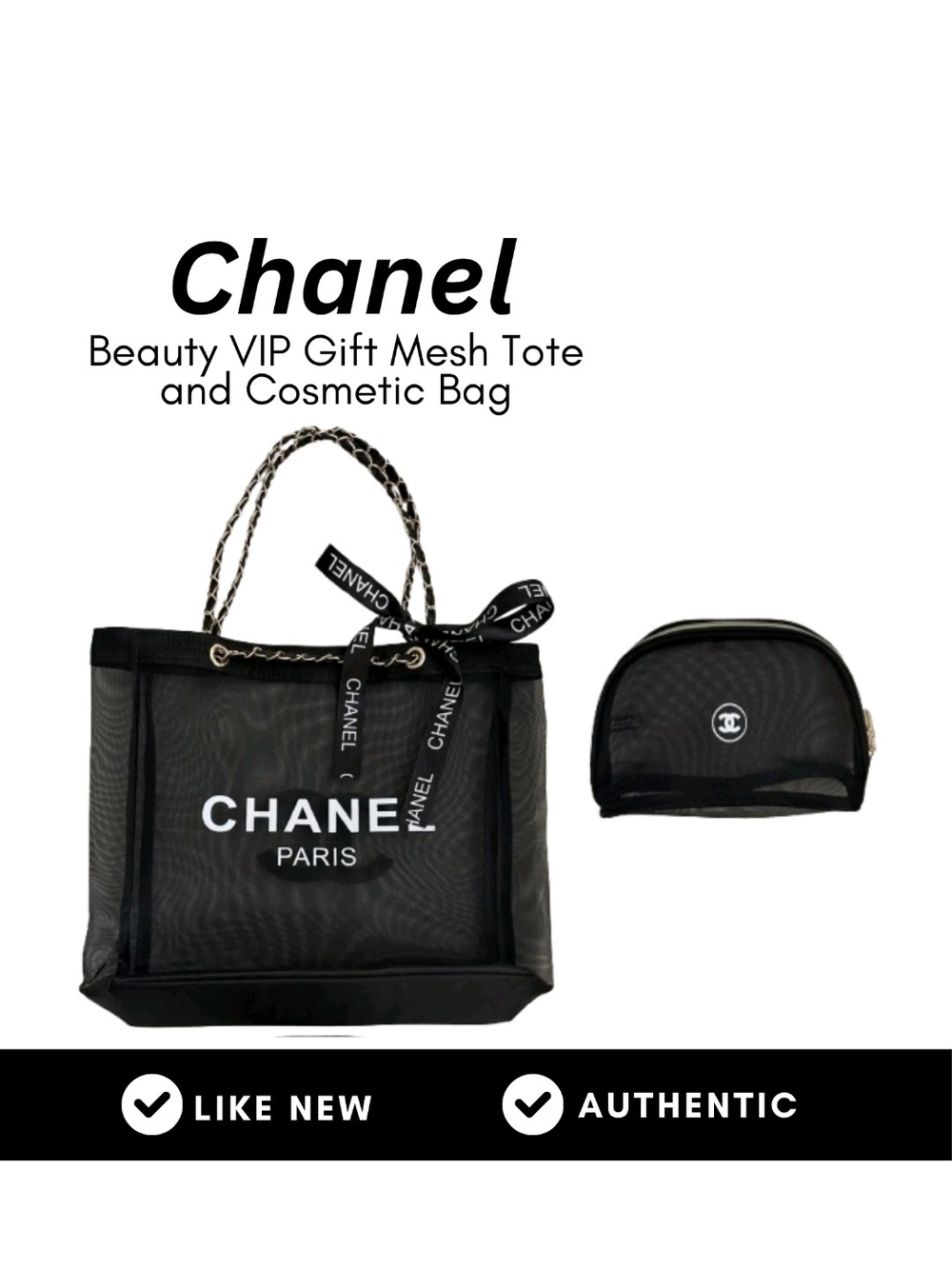 New CC Black Mesh Tote with Logo and Matching Cosmetic Pouch - Picture 2 of 6